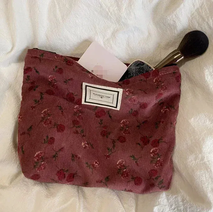 Uakiss Women Floral Beauty Cosmetic Bag Makeup Case Organizer Korean Embroidery Corduroy Travel Large Wash Toiletry Storage Bag Pouch
