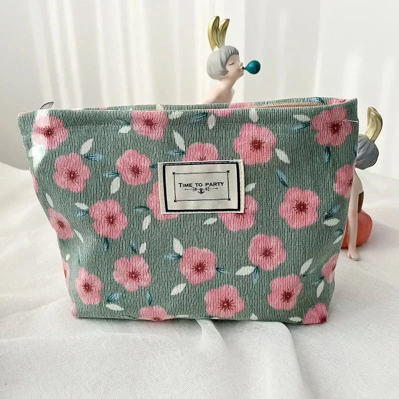 Uakiss Women Floral Beauty Cosmetic Bag Makeup Case Organizer Korean Embroidery Corduroy Travel Large Wash Toiletry Storage Bag Pouch