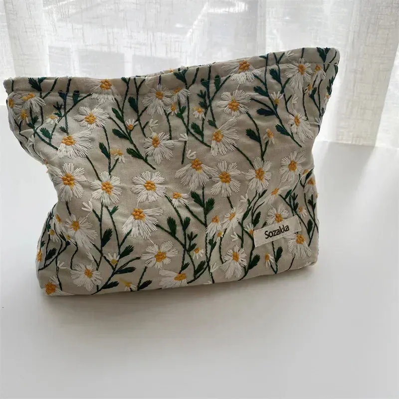 Uakiss Women Floral Beauty Cosmetic Bag Makeup Case Organizer Korean Embroidery Corduroy Travel Large Wash Toiletry Storage Bag Pouch