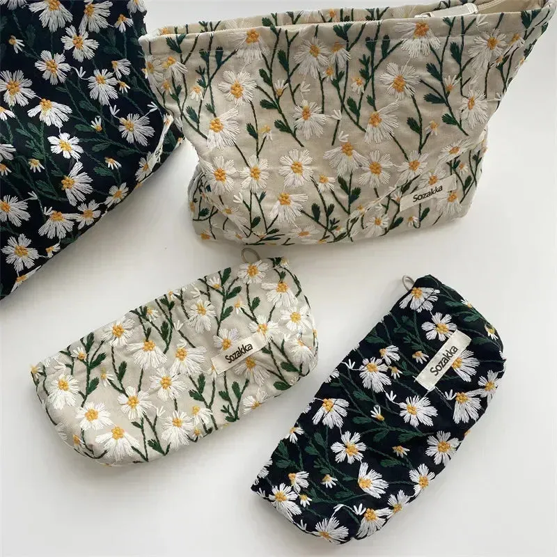 Uakiss Women Floral Beauty Cosmetic Bag Makeup Case Organizer Korean Embroidery Corduroy Travel Large Wash Toiletry Storage Bag Pouch