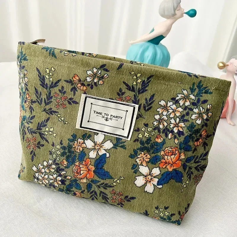 Uakiss Women Floral Beauty Cosmetic Bag Makeup Case Organizer Korean Embroidery Corduroy Travel Large Wash Toiletry Storage Bag Pouch