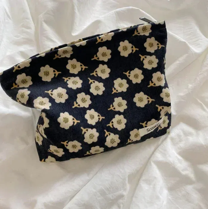 Uakiss Women Floral Beauty Cosmetic Bag Makeup Case Organizer Korean Embroidery Corduroy Travel Large Wash Toiletry Storage Bag Pouch