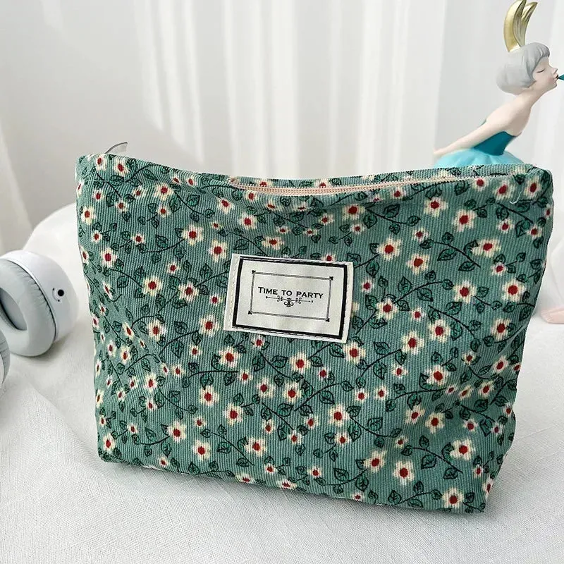 Uakiss Women Floral Beauty Cosmetic Bag Makeup Case Organizer Korean Embroidery Corduroy Travel Large Wash Toiletry Storage Bag Pouch