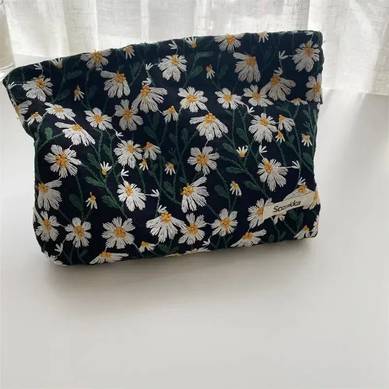 Uakiss Women Floral Beauty Cosmetic Bag Makeup Case Organizer Korean Embroidery Corduroy Travel Large Wash Toiletry Storage Bag Pouch